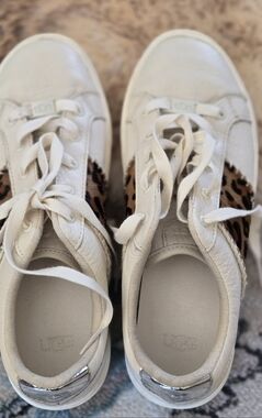UGG Women’s Cream Leather Sneakers with Leopard Print Accent